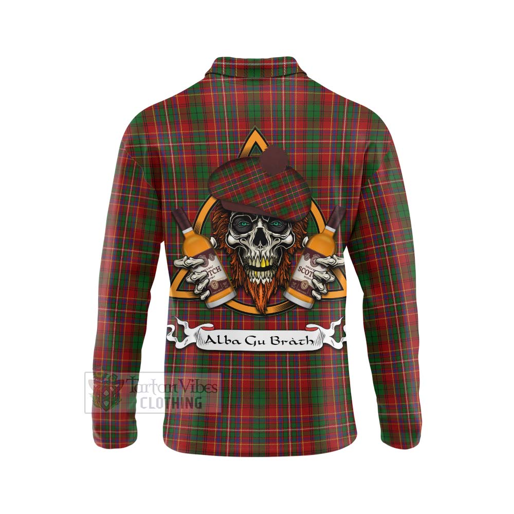 Tartan Vibes Clothing Innes Tartan Long Sleeve Polo Shirt with Family Crest and Bearded Skull Holding Bottles of Whiskey