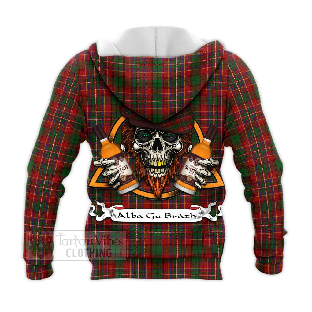 Tartan Vibes Clothing Innes Tartan Knitted Hoodie with Family Crest and Bearded Skull Holding Bottles of Whiskey