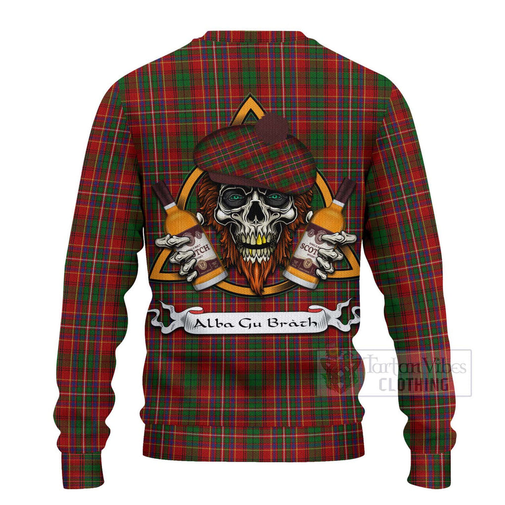 Tartan Vibes Clothing Innes Tartan Knitted Sweater with Family Crest and Bearded Skull Holding Bottles of Whiskey