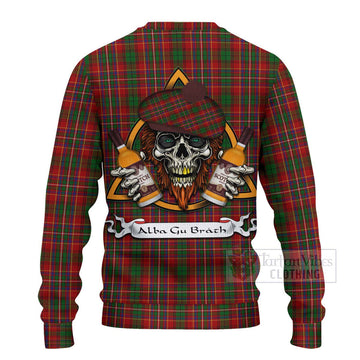 Innes Tartan Ugly Sweater with Family Crest and Bearded Skull Holding Bottles of Whiskey