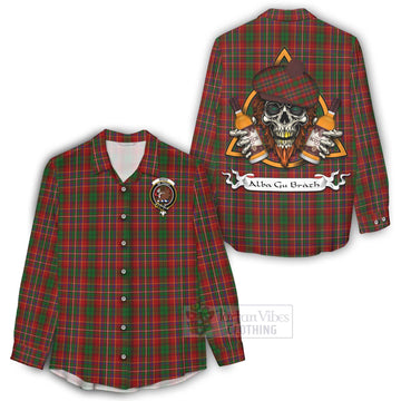 Innes Tartan Women's Casual Shirt with Family Crest and Bearded Skull Holding Bottles of Whiskey