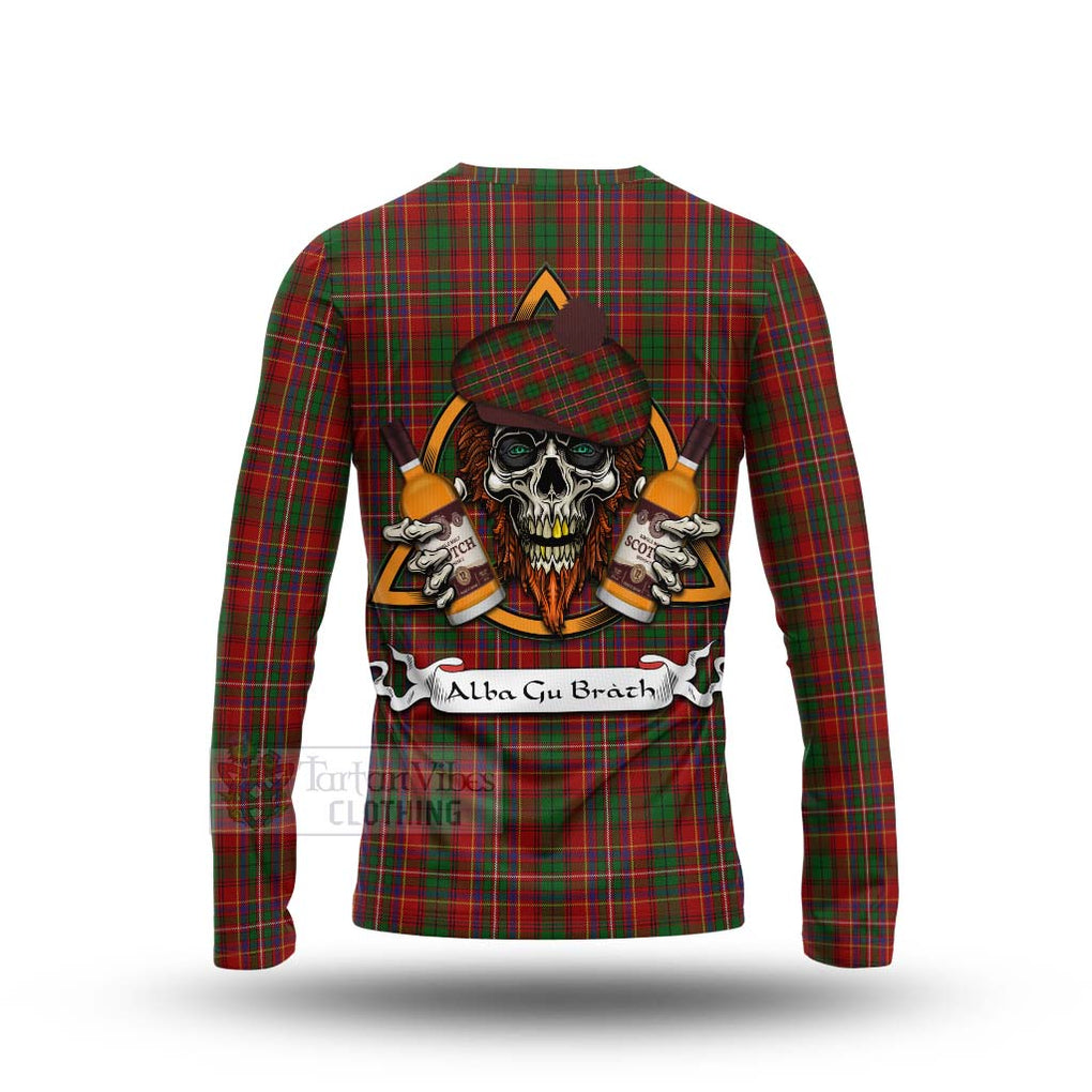 Tartan Vibes Clothing Innes Tartan Long Sleeve T-Shirt with Family Crest and Bearded Skull Holding Bottles of Whiskey