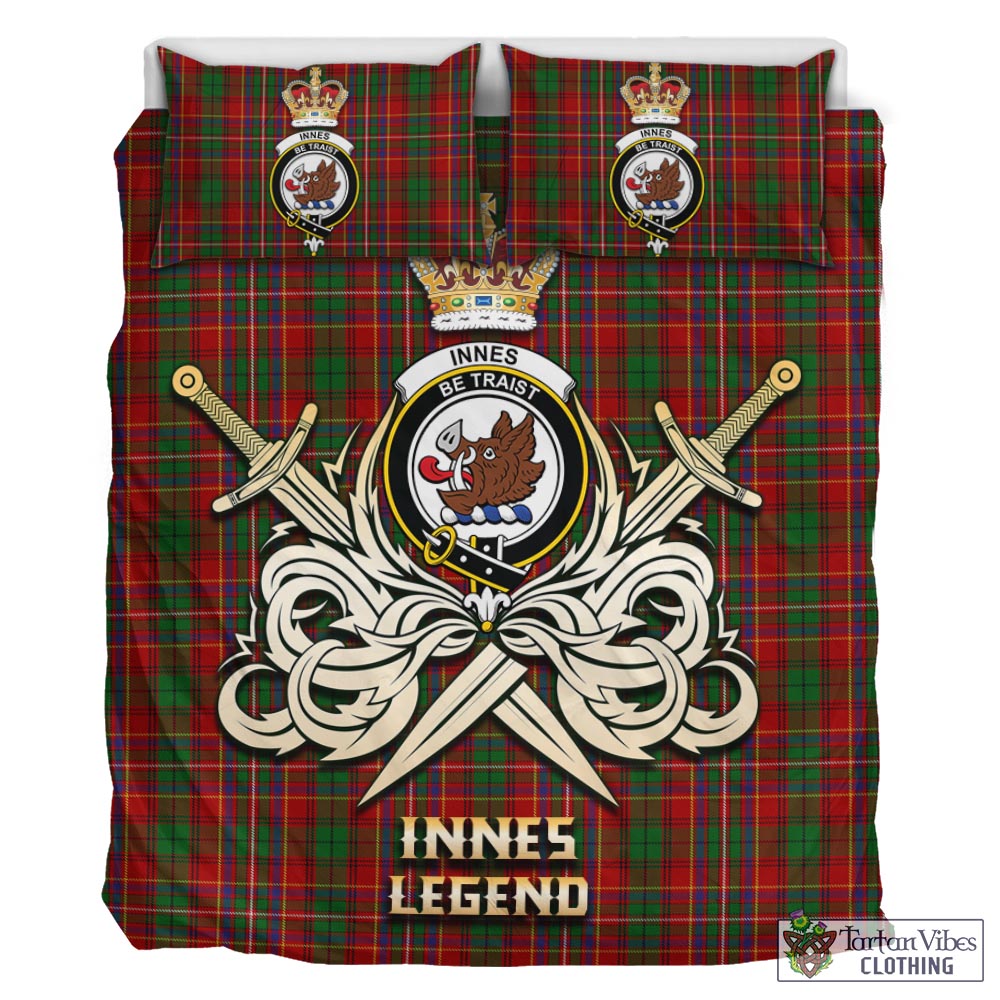 Tartan Vibes Clothing Innes Tartan Bedding Set with Clan Crest and the Golden Sword of Courageous Legacy