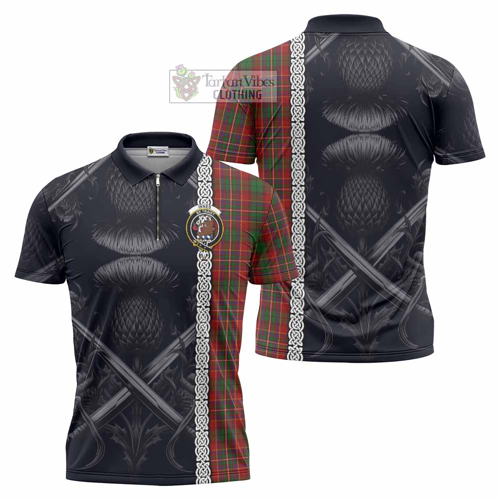 Tartan Vibes Clothing Innes Tartan Zipper Polo Shirt with Family Crest Cross Sword Thistle Celtic Vibes