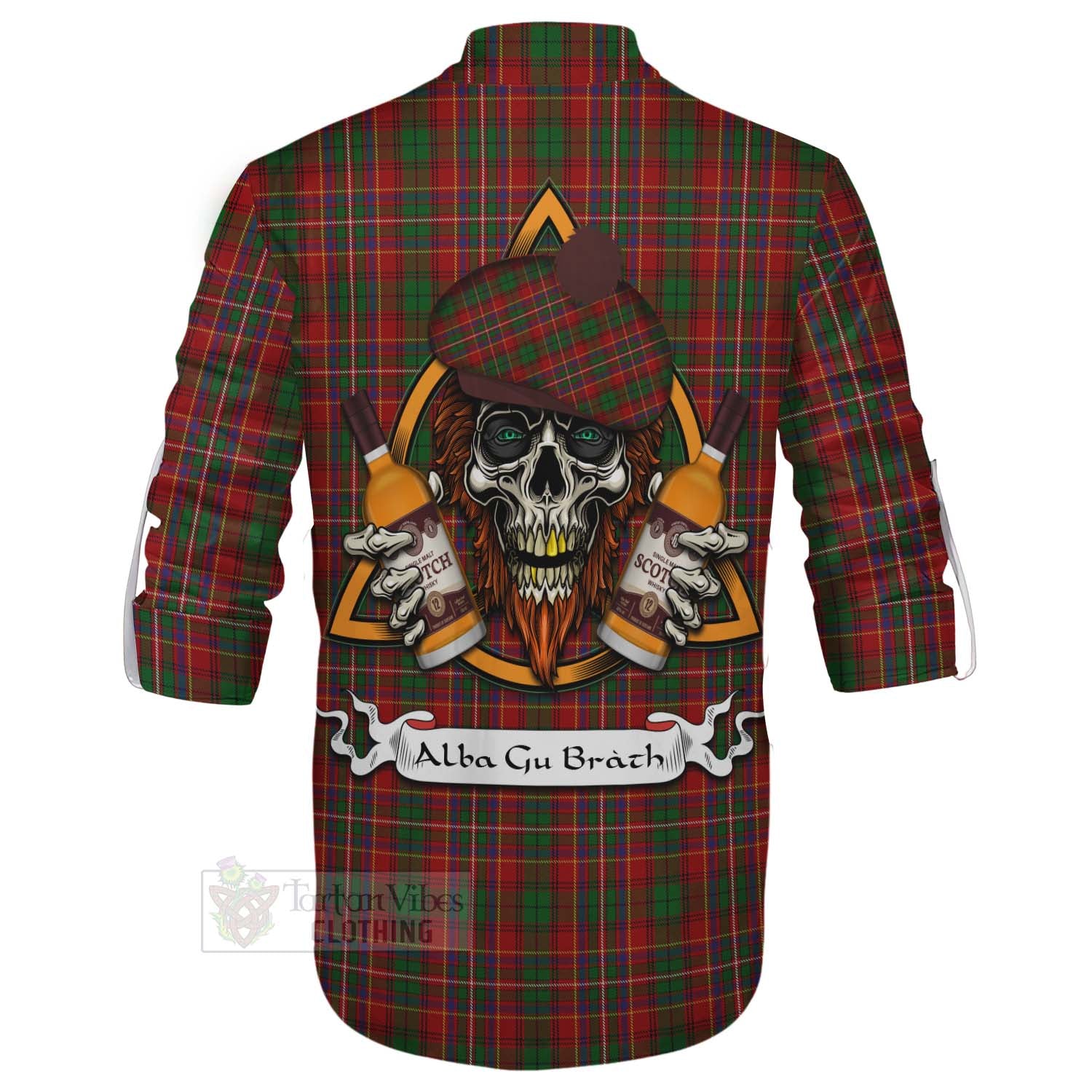 Tartan Vibes Clothing Innes Tartan Ghillie Kilt Shirt with Family Crest and Bearded Skull Holding Bottles of Whiskey