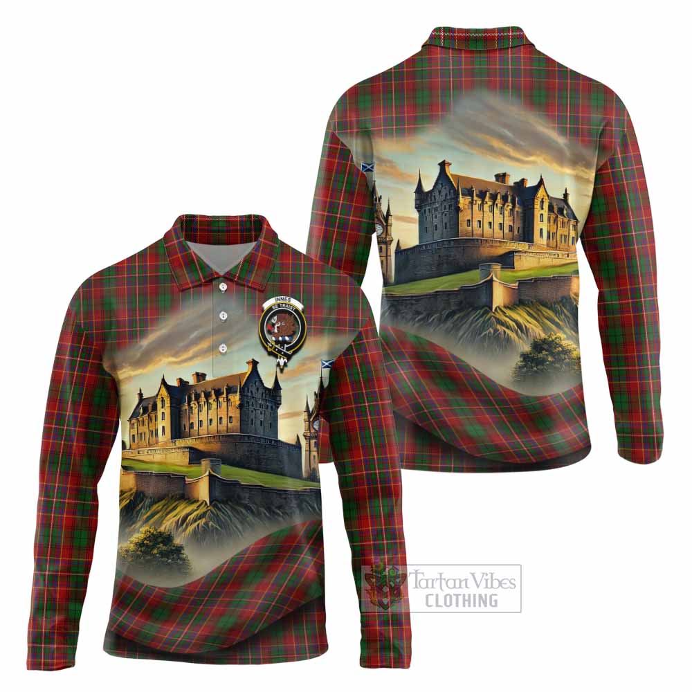 Innes Tartan Family Crest Long Sleeve Polo Shirt with Scottish Ancient Castle Style - Tartan Vibes Clothing