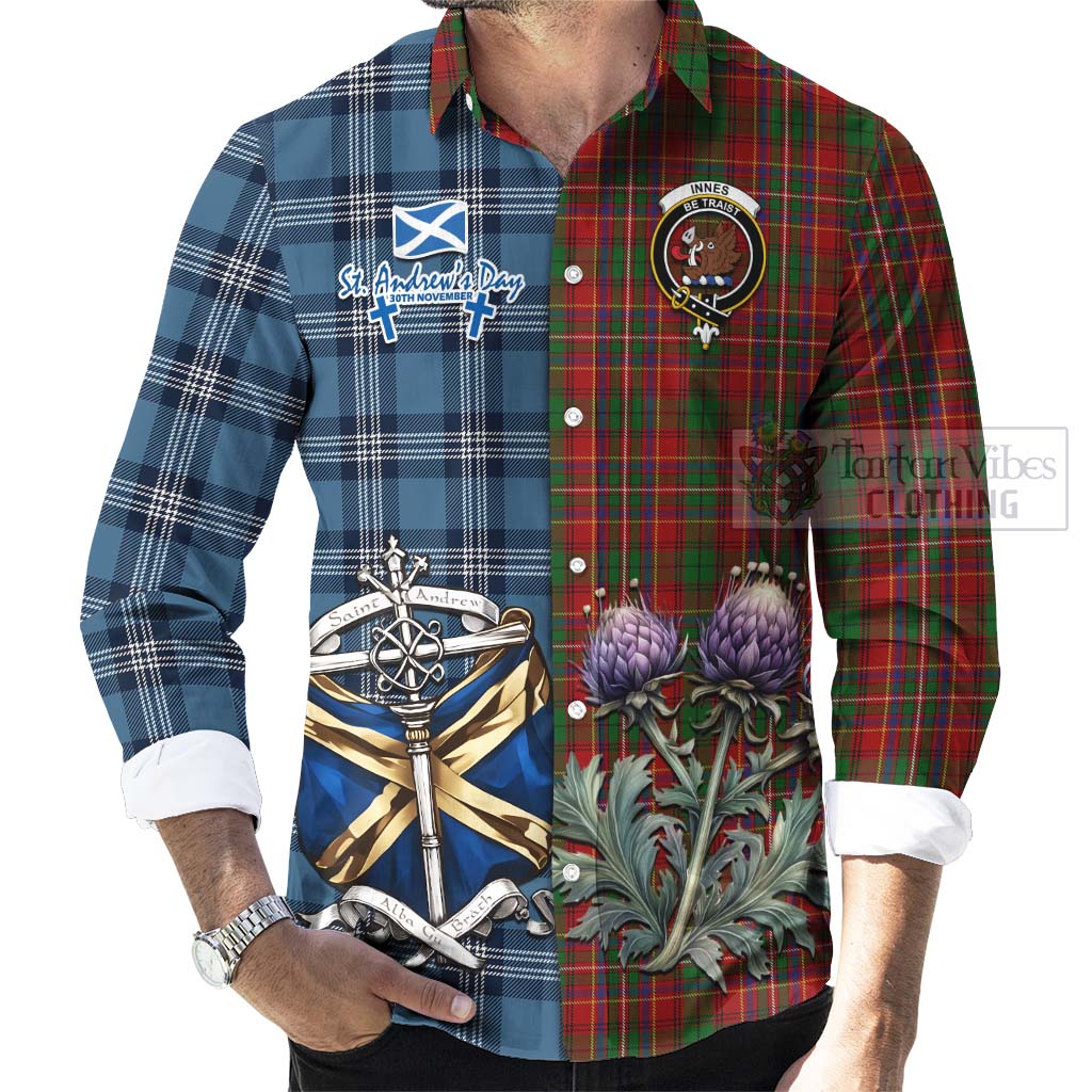 Tartan Vibes Clothing Innes Tartan Long Sleeve Button Shirt Happy St. Andrew's Day Half Tartan Style