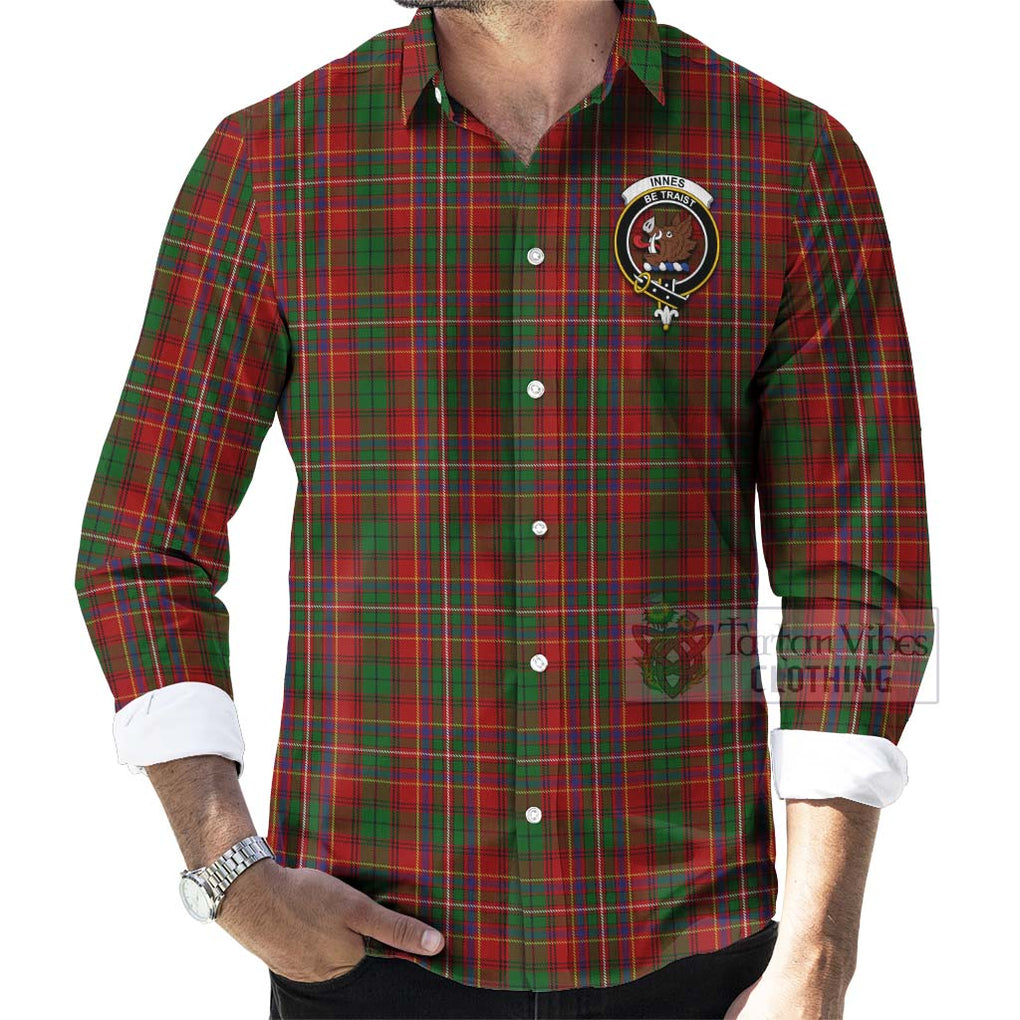 Tartan Vibes Clothing Innes Tartan Long Sleeve Button Shirt with Family Crest Celtic Skull Style