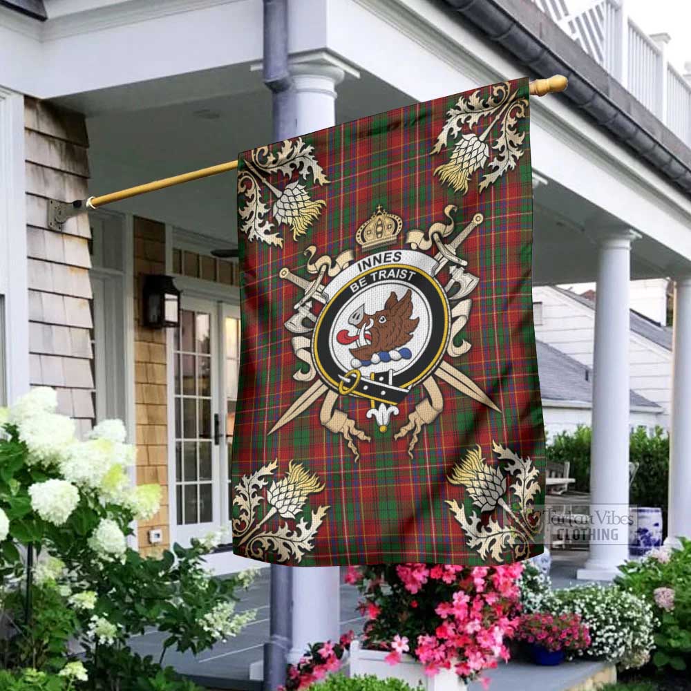 Tartan Vibes Clothing Innes Tartan Flag with Family Crest and Golden Thistle Crossed Sword Design