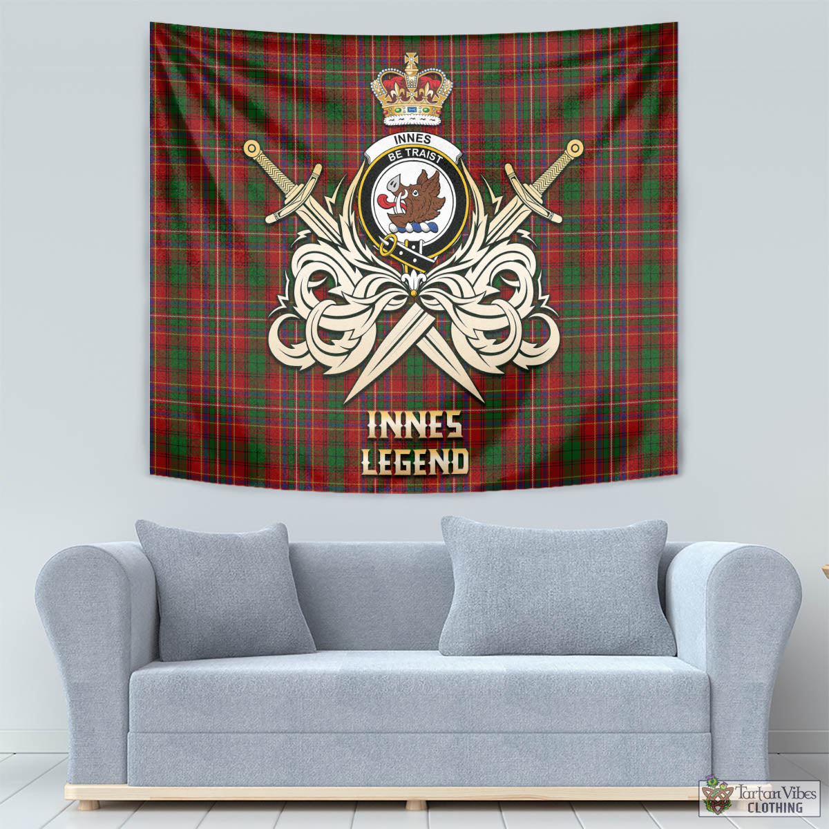 Tartan Vibes Clothing Innes Tartan Tapestry with Clan Crest and the Golden Sword of Courageous Legacy