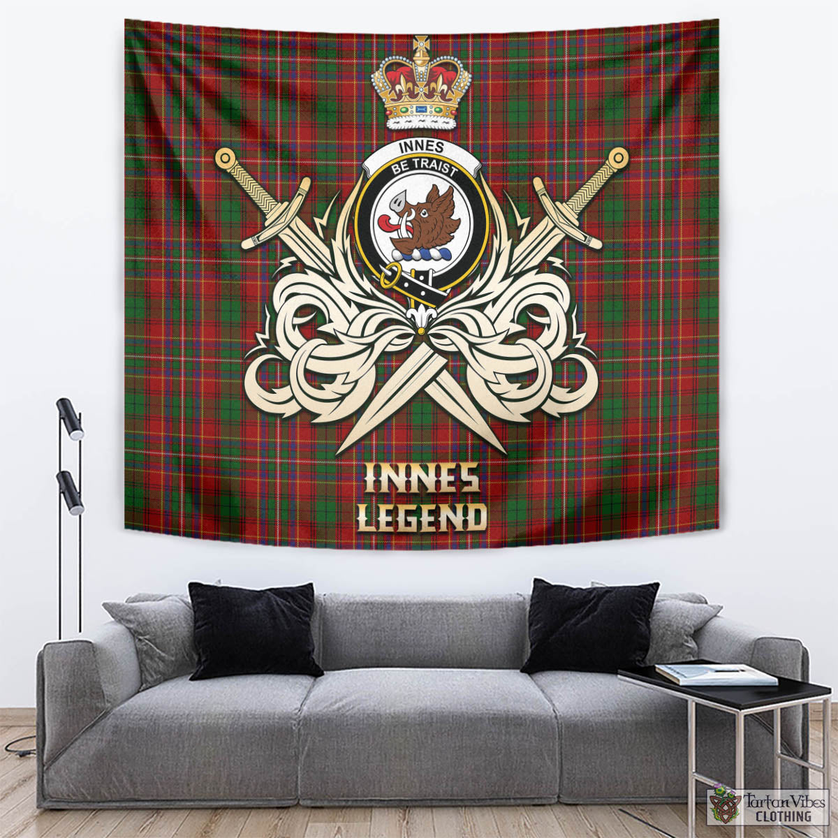 Tartan Vibes Clothing Innes Tartan Tapestry with Clan Crest and the Golden Sword of Courageous Legacy