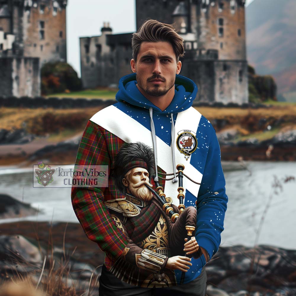 Tartan Vibes Clothing Innes Tartan Cotton Hoodie with Family Crest Scottish Bagpiper Vibes