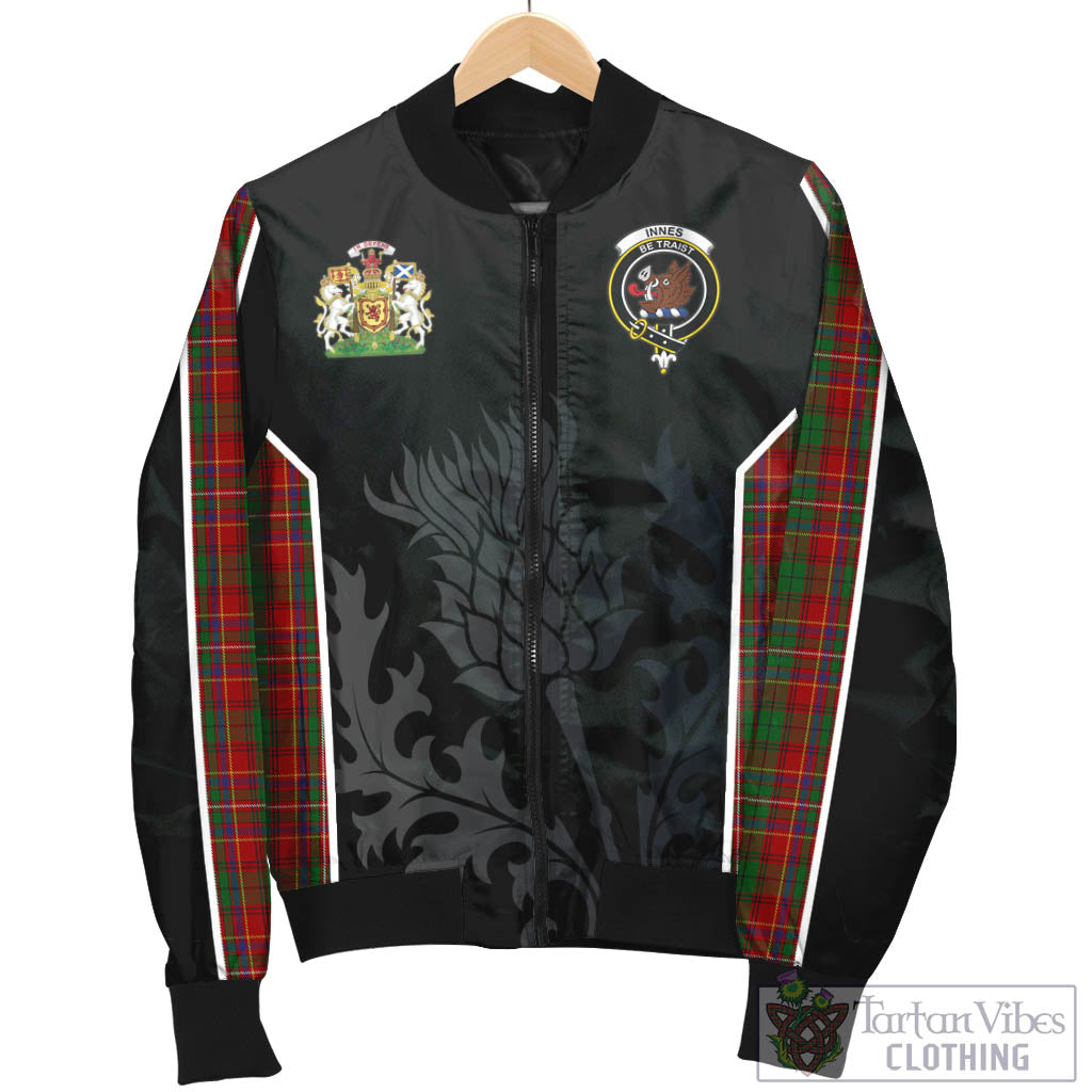 Tartan Vibes Clothing Innes Tartan Bomber Jacket with Family Crest and Scottish Thistle Vibes Sport Style