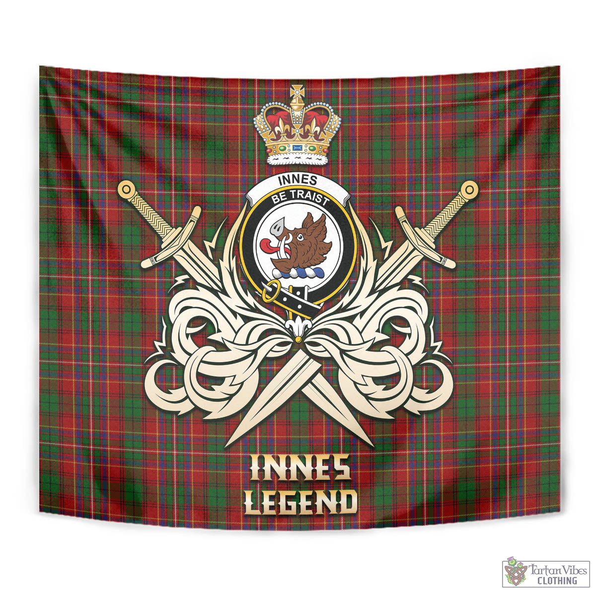 Tartan Vibes Clothing Innes Tartan Tapestry with Clan Crest and the Golden Sword of Courageous Legacy