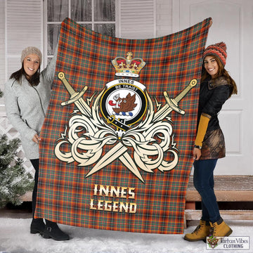 Innes Ancient Tartan Blanket with Clan Crest and the Golden Sword of Courageous Legacy