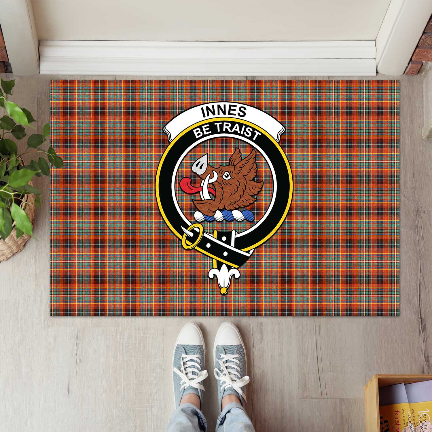 Innes Ancient Tartan Door Mat with Family Crest - Tartanvibesclothing