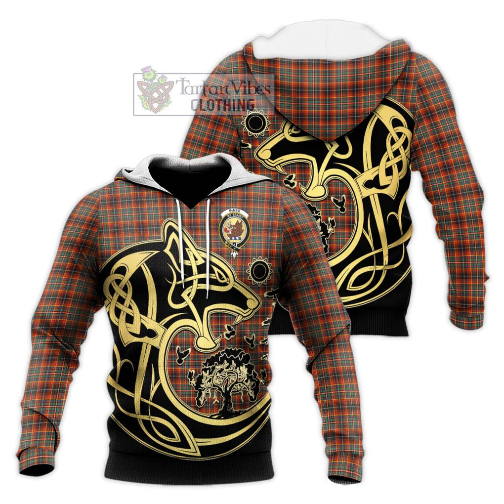 Innes Ancient Tartan Knitted Hoodie with Family Crest Celtic Wolf Style Unisex Knitted Pullover Hoodie - Tartan Vibes Clothing