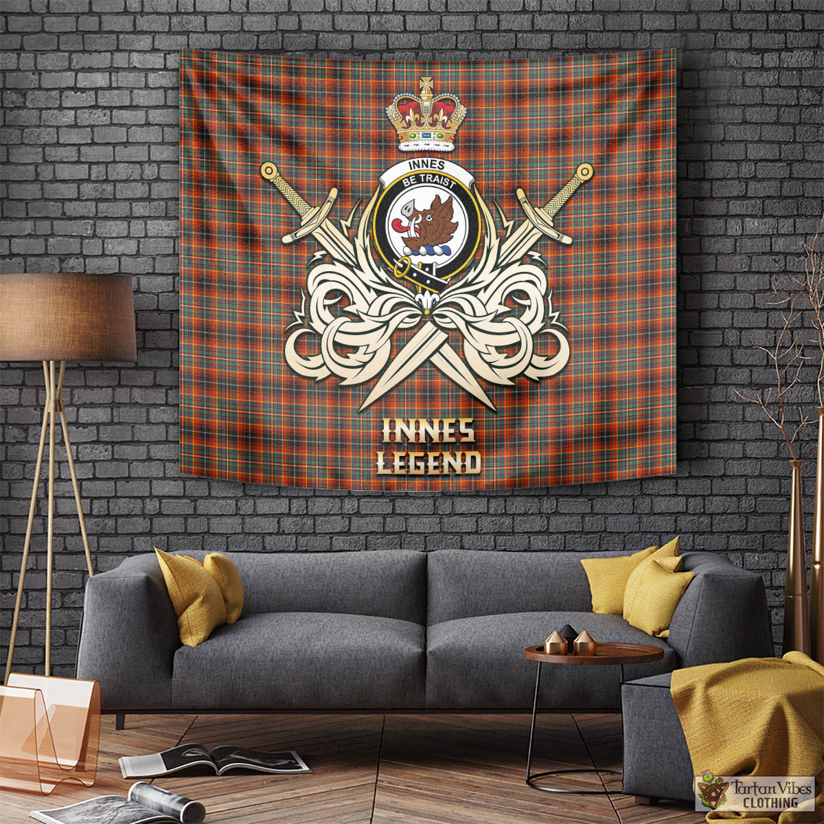 Tartan Vibes Clothing Innes Ancient Tartan Tapestry with Clan Crest and the Golden Sword of Courageous Legacy