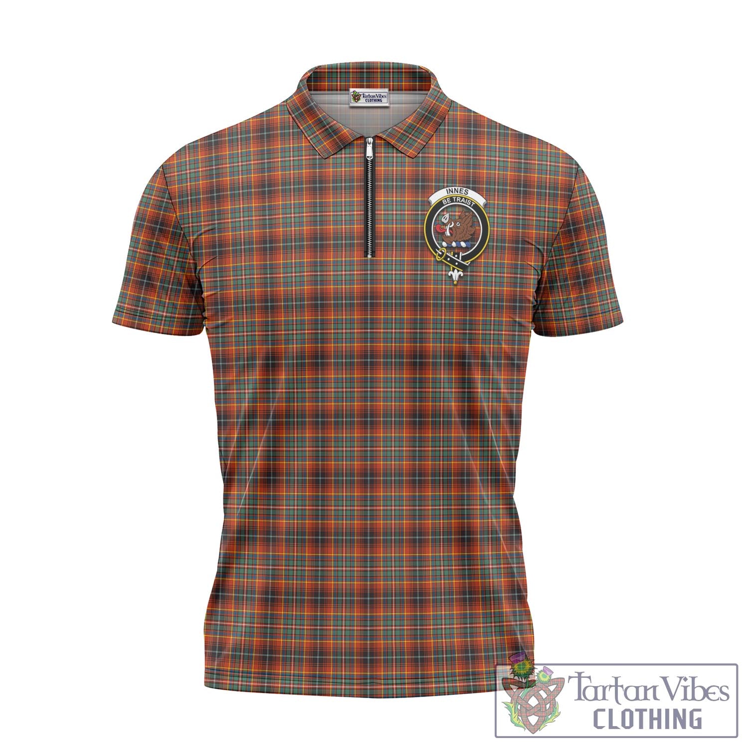 Tartan Vibes Clothing Innes Ancient Tartan Zipper Polo Shirt with Family Crest