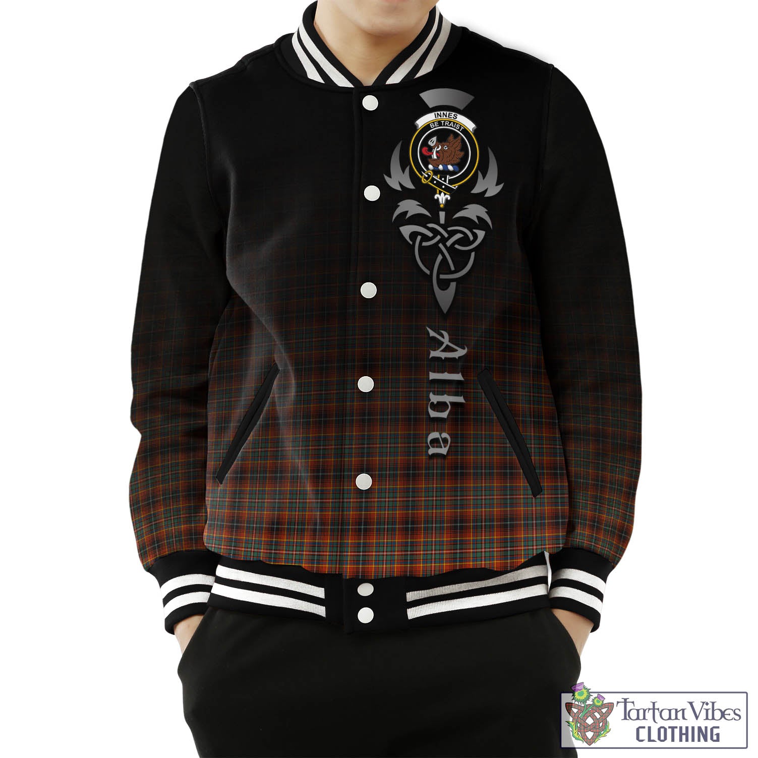 Tartan Vibes Clothing Innes Ancient Tartan Baseball Jacket Featuring Alba Gu Brath Family Crest Celtic Inspired