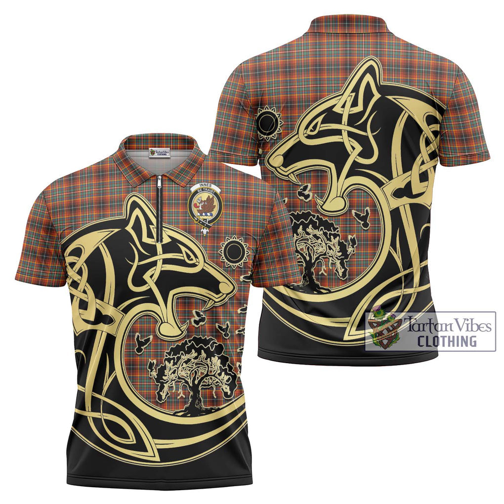 Innes Ancient Tartan Zipper Polo Shirt with Family Crest Celtic Wolf Style Unisex - Tartanvibesclothing Shop