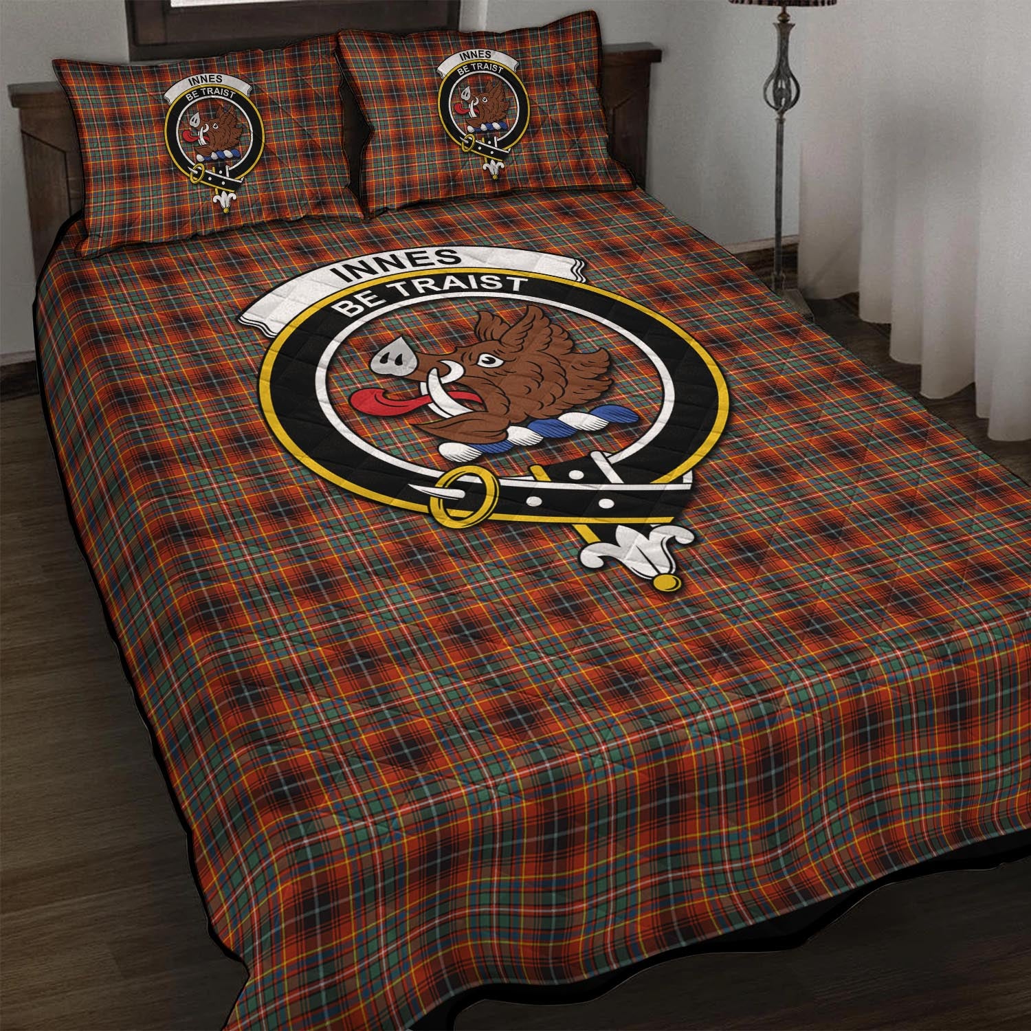 Innes Ancient Tartan Quilt Bed Set with Family Crest - Tartan Vibes Clothing