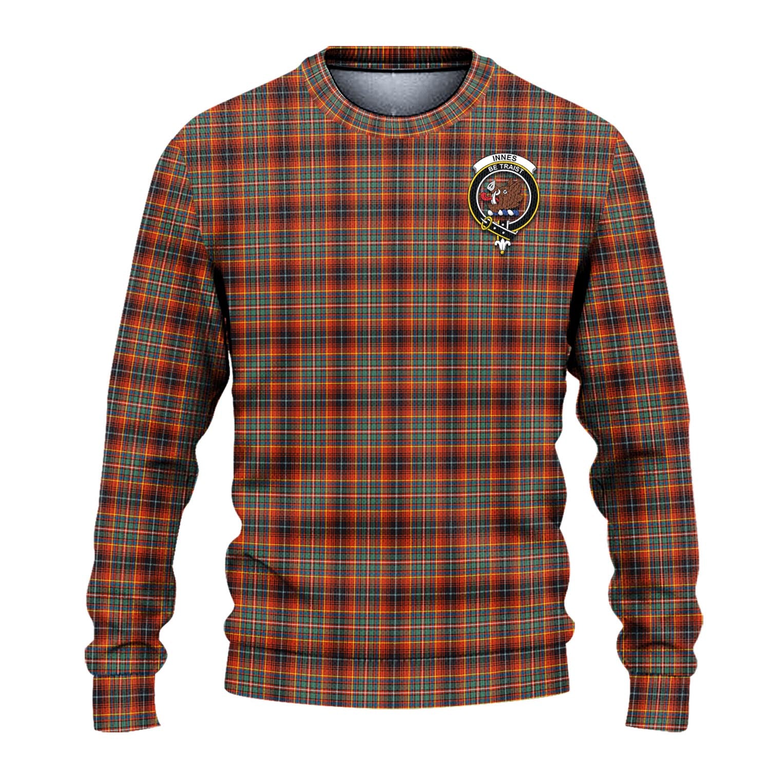 Innes Ancient Tartan Knitted Sweater with Family Crest - Tartanvibesclothing