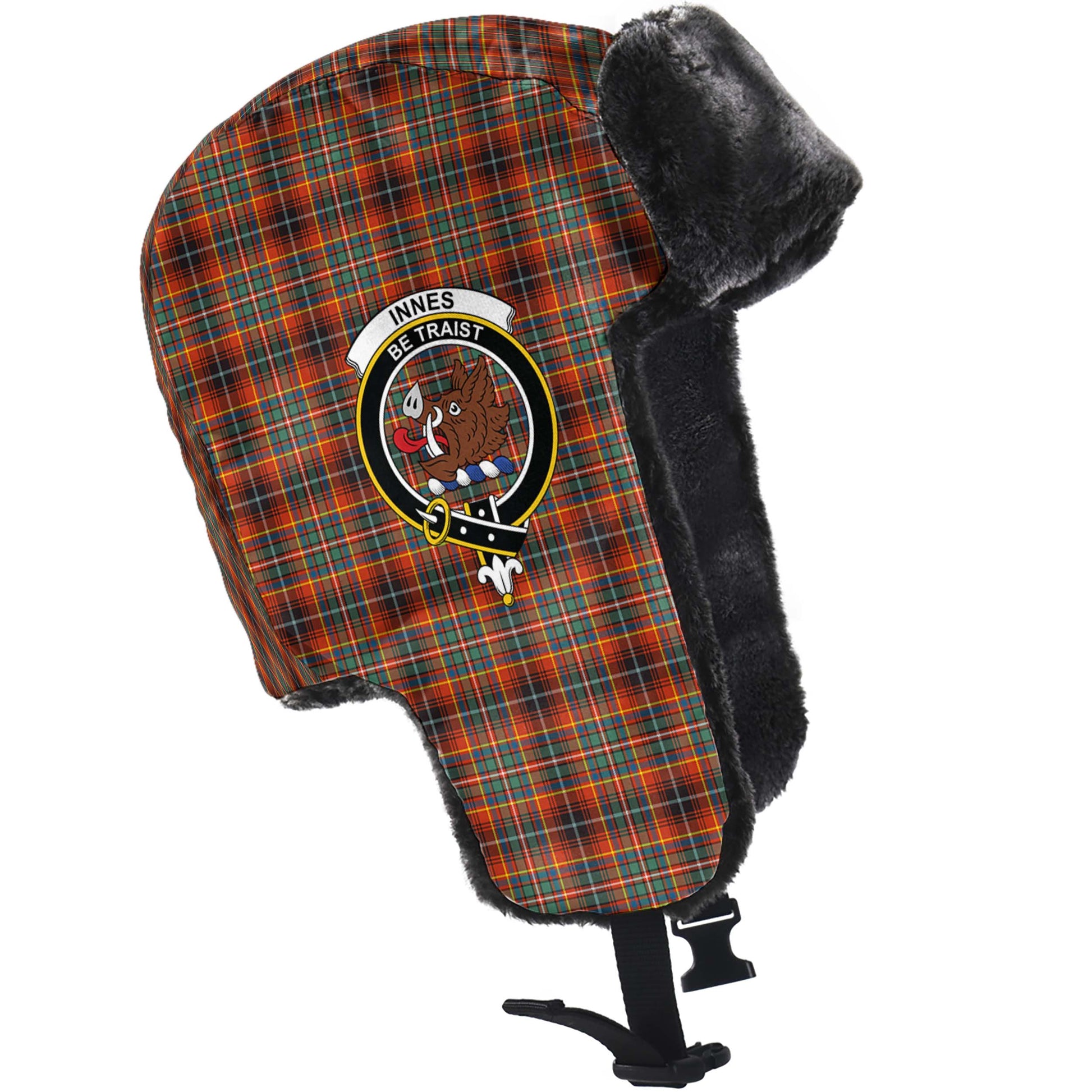 Innes Ancient Tartan Winter Trapper Hat with Family Crest - Tartanvibesclothing