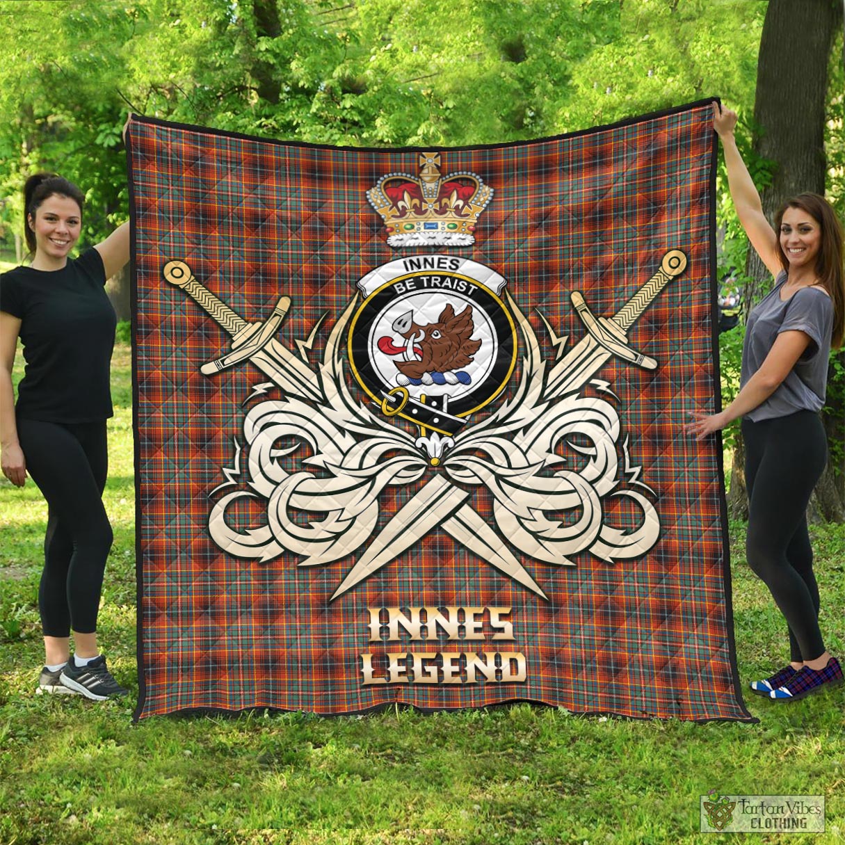 Tartan Vibes Clothing Innes Ancient Tartan Quilt with Clan Crest and the Golden Sword of Courageous Legacy