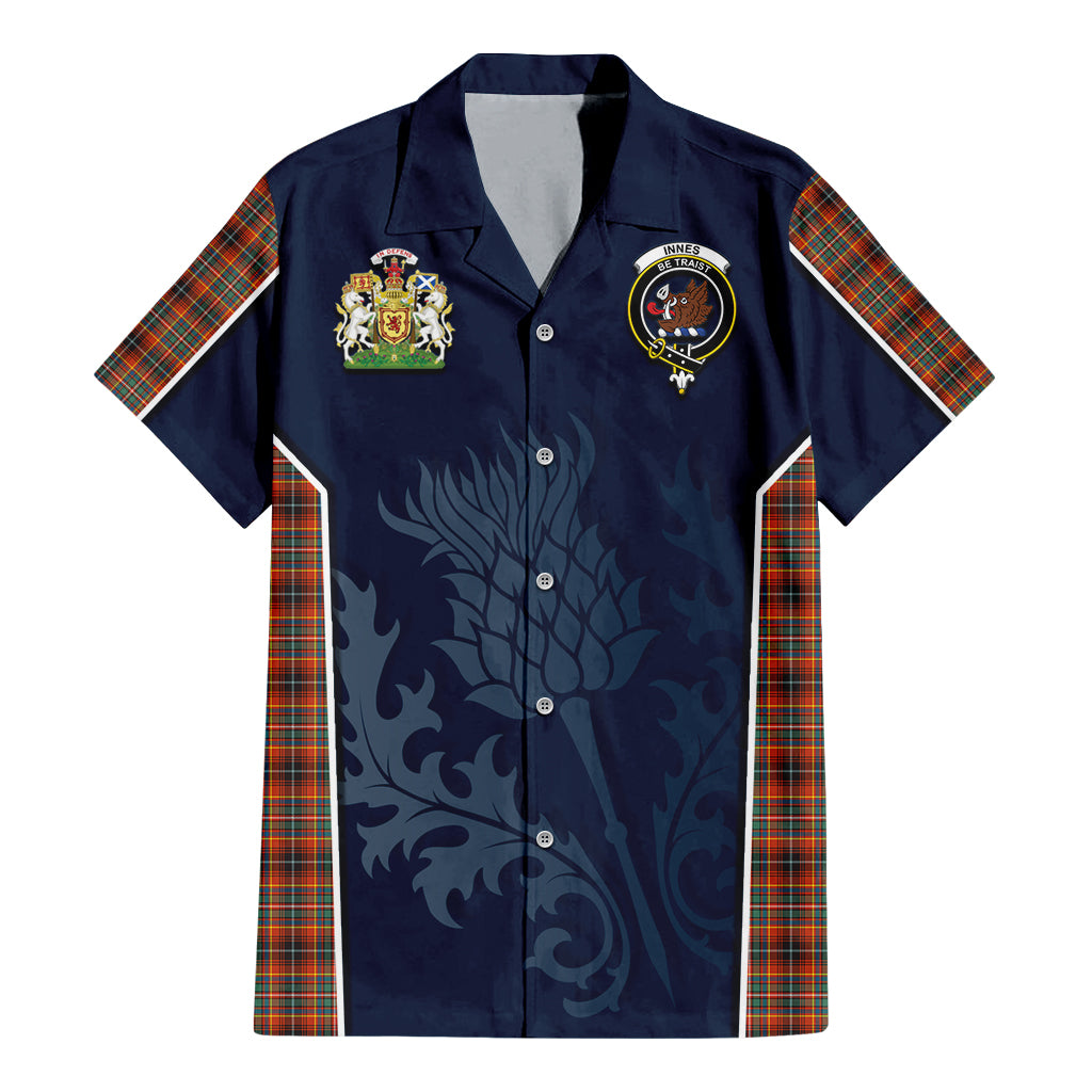 Tartan Vibes Clothing Innes Ancient Tartan Short Sleeve Button Up Shirt with Family Crest and Scottish Thistle Vibes Sport Style