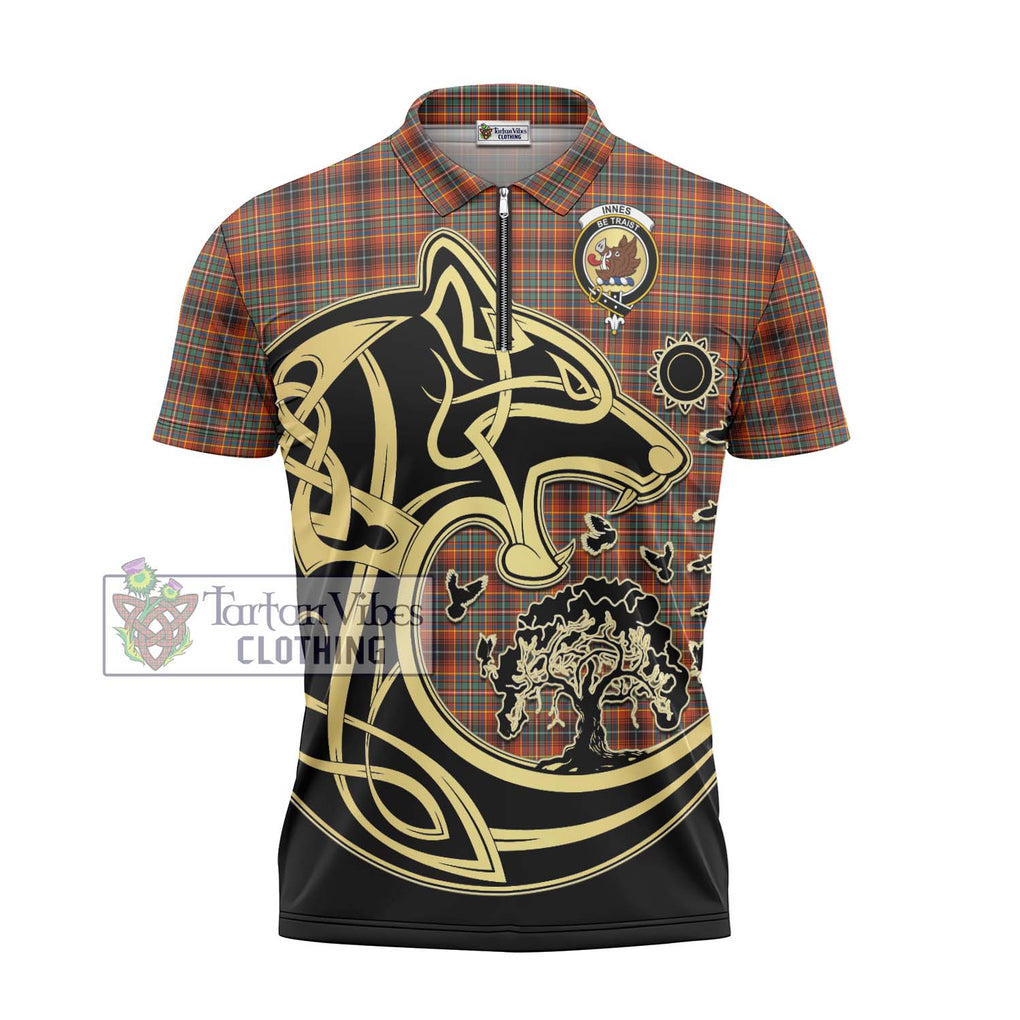 Innes Ancient Tartan Zipper Polo Shirt with Family Crest Celtic Wolf Style - Tartanvibesclothing Shop