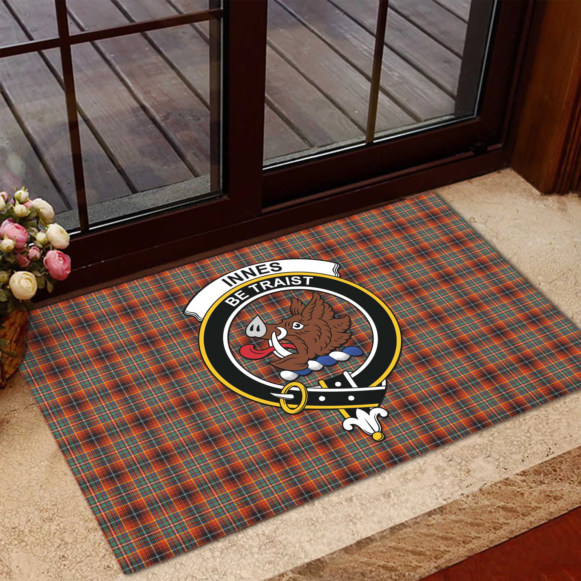 Innes Ancient Tartan Door Mat with Family Crest - Tartanvibesclothing