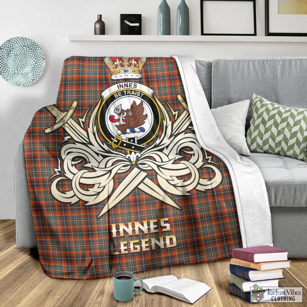 Tartan Vibes Clothing Innes Ancient Tartan Blanket with Clan Crest and the Golden Sword of Courageous Legacy