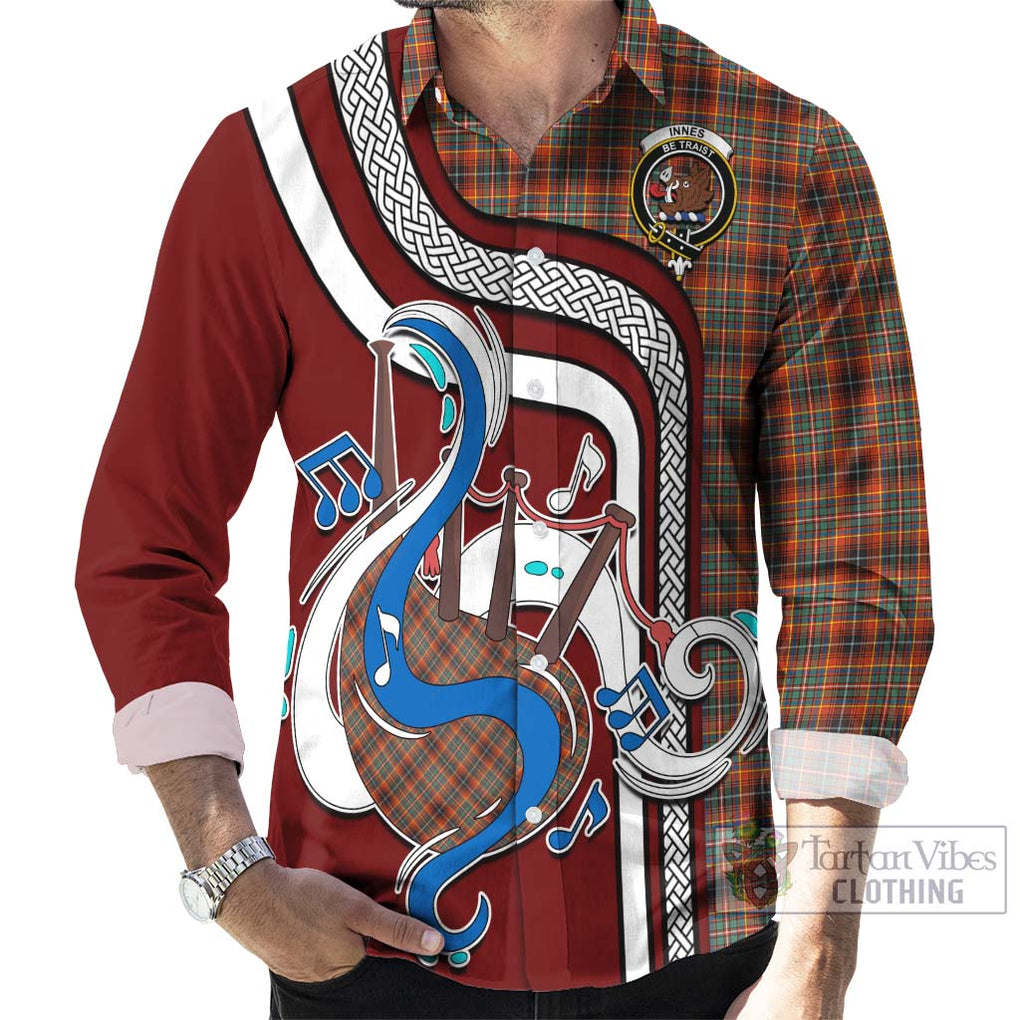 Innes Ancient Tartan Long Sleeve Button Shirt with Epic Bagpipe Style - Tartanvibesclothing Shop