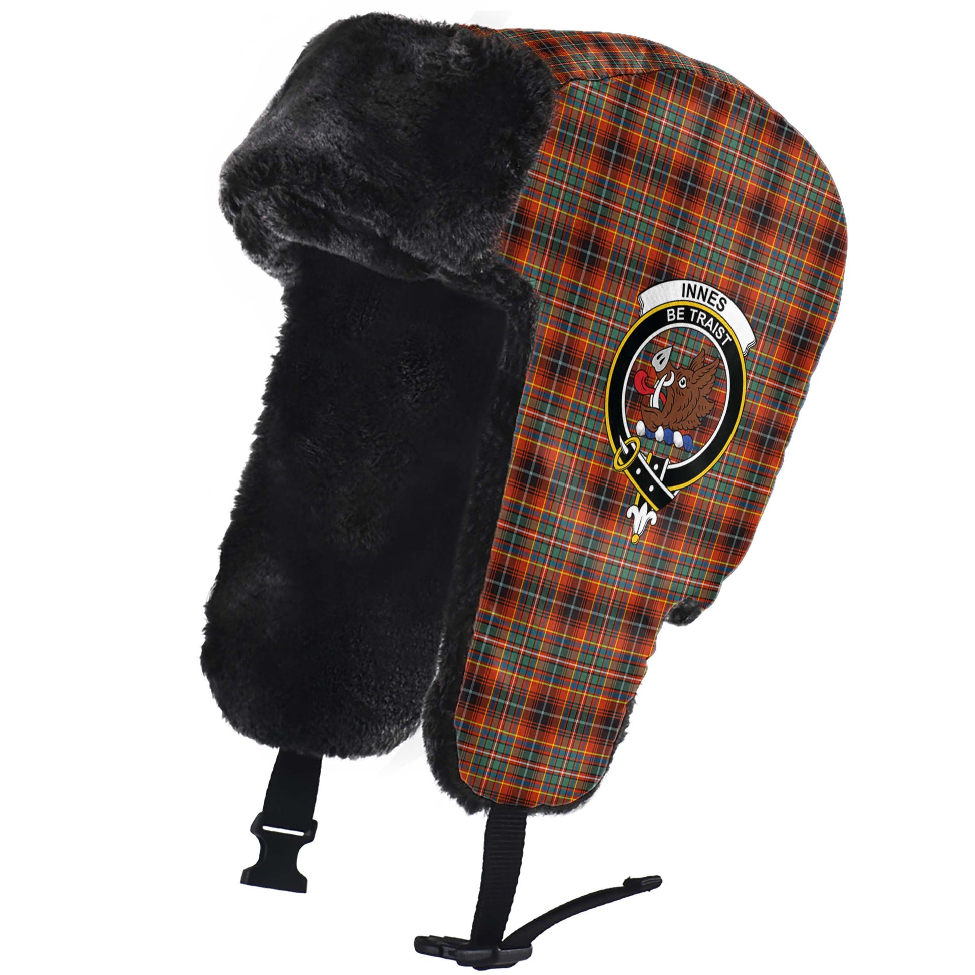 Innes Ancient Tartan Winter Trapper Hat with Family Crest - Tartanvibesclothing