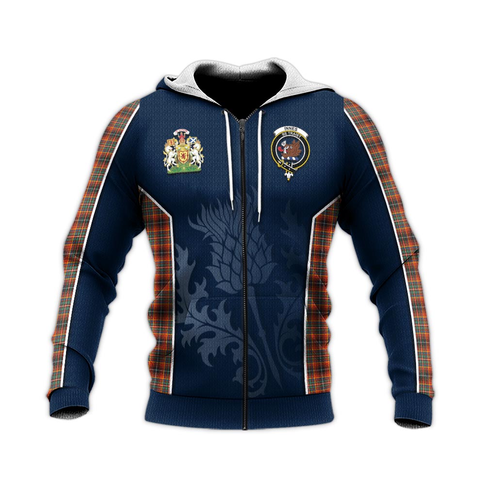 Tartan Vibes Clothing Innes Ancient Tartan Knitted Hoodie with Family Crest and Scottish Thistle Vibes Sport Style