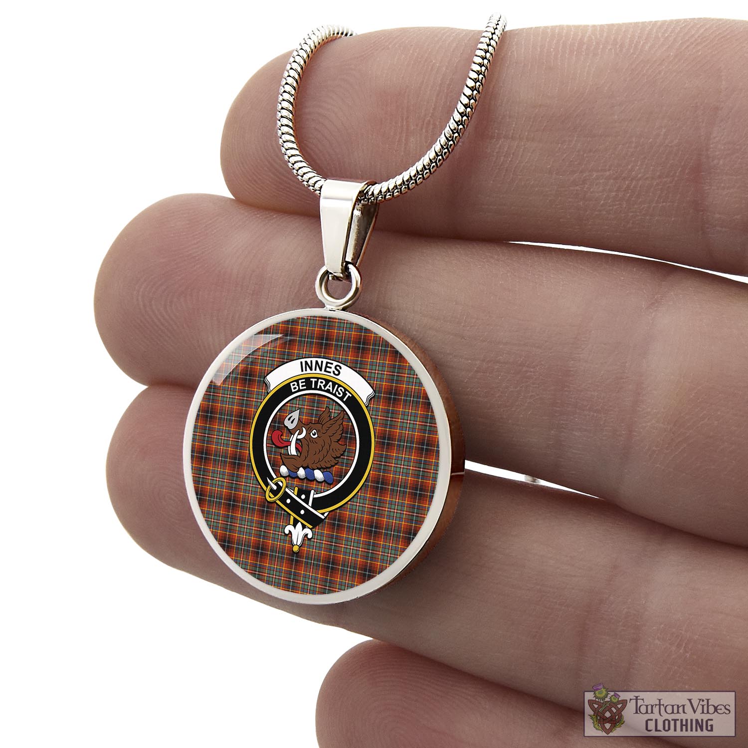 Tartan Vibes Clothing Innes Ancient Tartan Circle Necklace with Family Crest