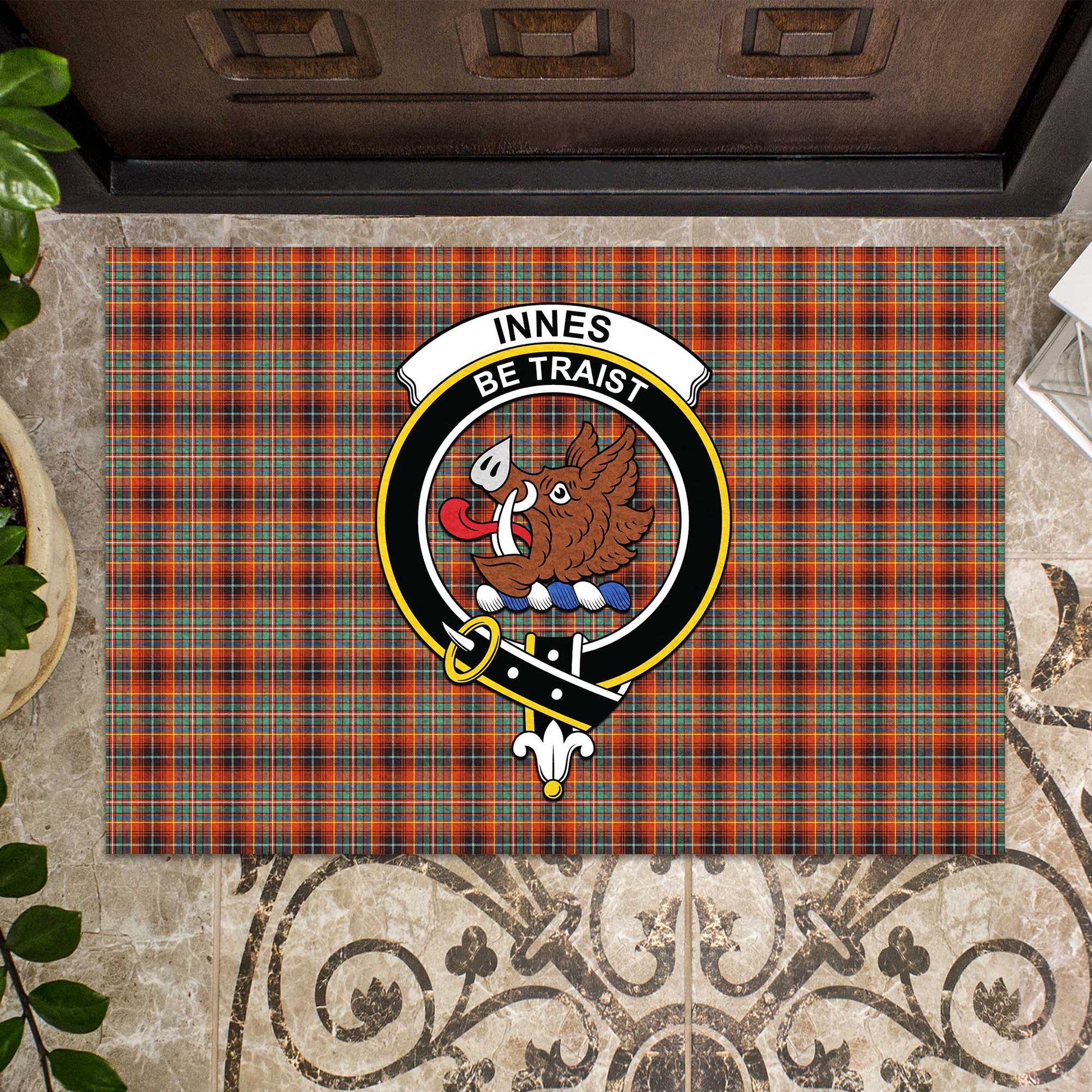 Innes Ancient Tartan Door Mat with Family Crest - Tartanvibesclothing