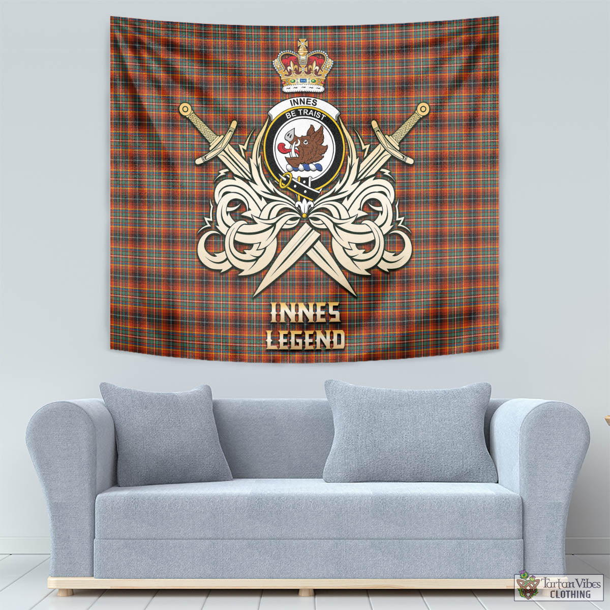 Tartan Vibes Clothing Innes Ancient Tartan Tapestry with Clan Crest and the Golden Sword of Courageous Legacy