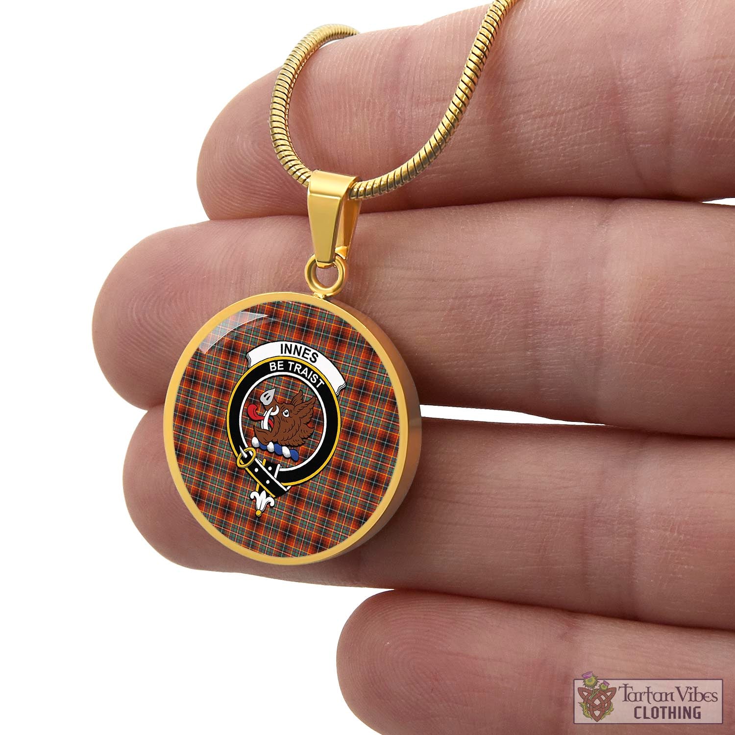 Tartan Vibes Clothing Innes Ancient Tartan Circle Necklace with Family Crest