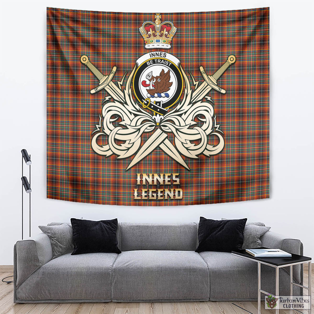 Tartan Vibes Clothing Innes Ancient Tartan Tapestry with Clan Crest and the Golden Sword of Courageous Legacy