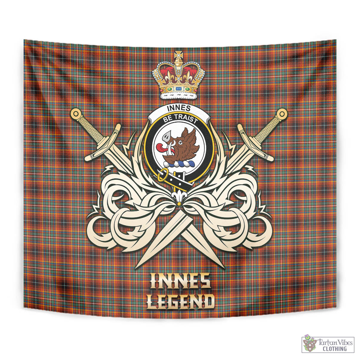 Tartan Vibes Clothing Innes Ancient Tartan Tapestry with Clan Crest and the Golden Sword of Courageous Legacy