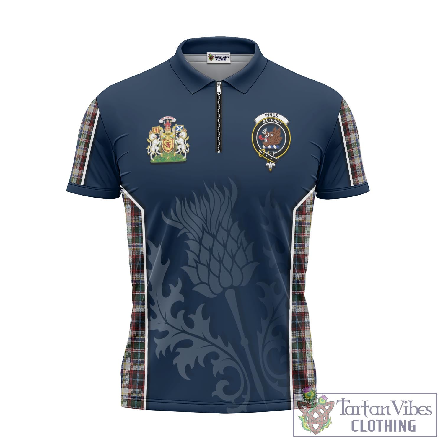 Tartan Vibes Clothing Innes Dress Tartan Zipper Polo Shirt with Family Crest and Scottish Thistle Vibes Sport Style