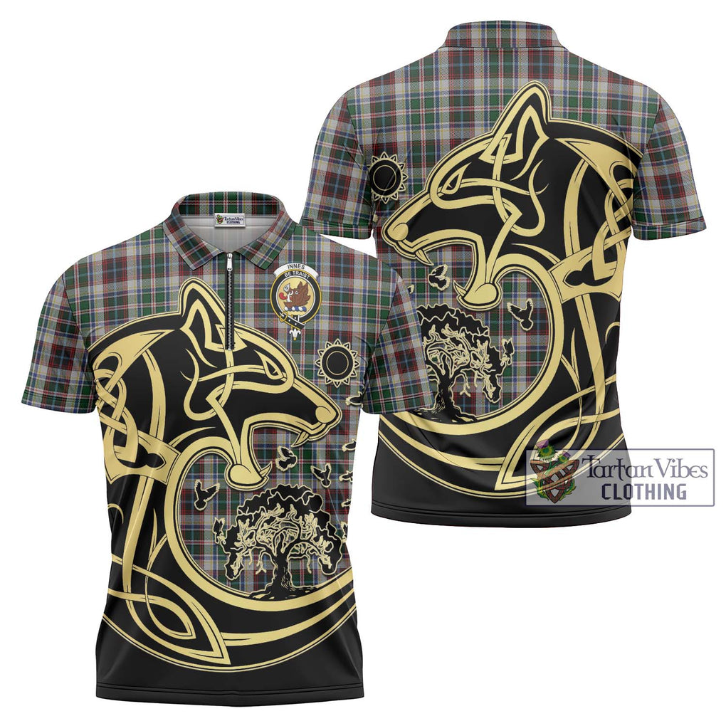 Innes Dress Tartan Zipper Polo Shirt with Family Crest Celtic Wolf Style Unisex - Tartanvibesclothing Shop