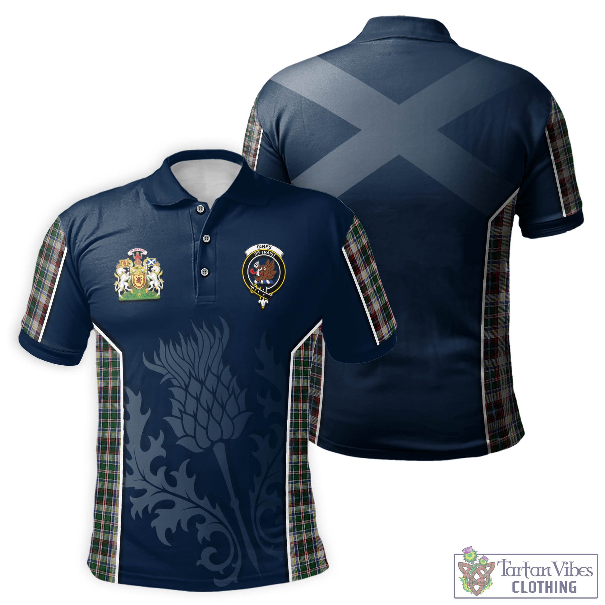 Tartan Vibes Clothing Innes Dress Tartan Men's Polo Shirt with Family Crest and Scottish Thistle Vibes Sport Style