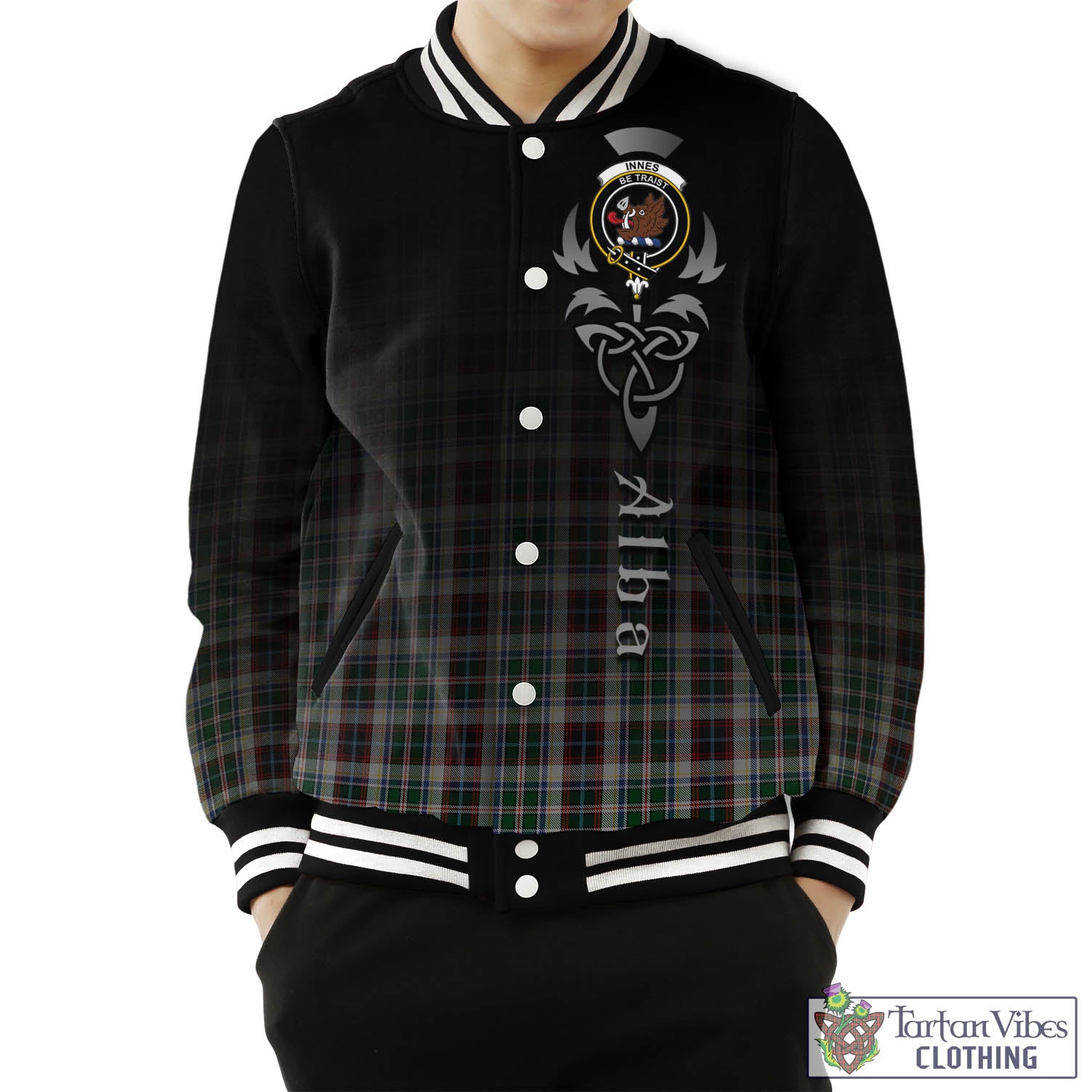 Tartan Vibes Clothing Innes Dress Tartan Baseball Jacket Featuring Alba Gu Brath Family Crest Celtic Inspired