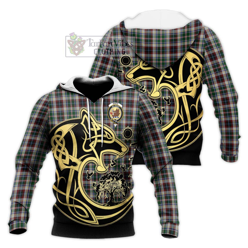 Innes Dress Tartan Knitted Hoodie with Family Crest Celtic Wolf Style Unisex Knitted Pullover Hoodie - Tartan Vibes Clothing