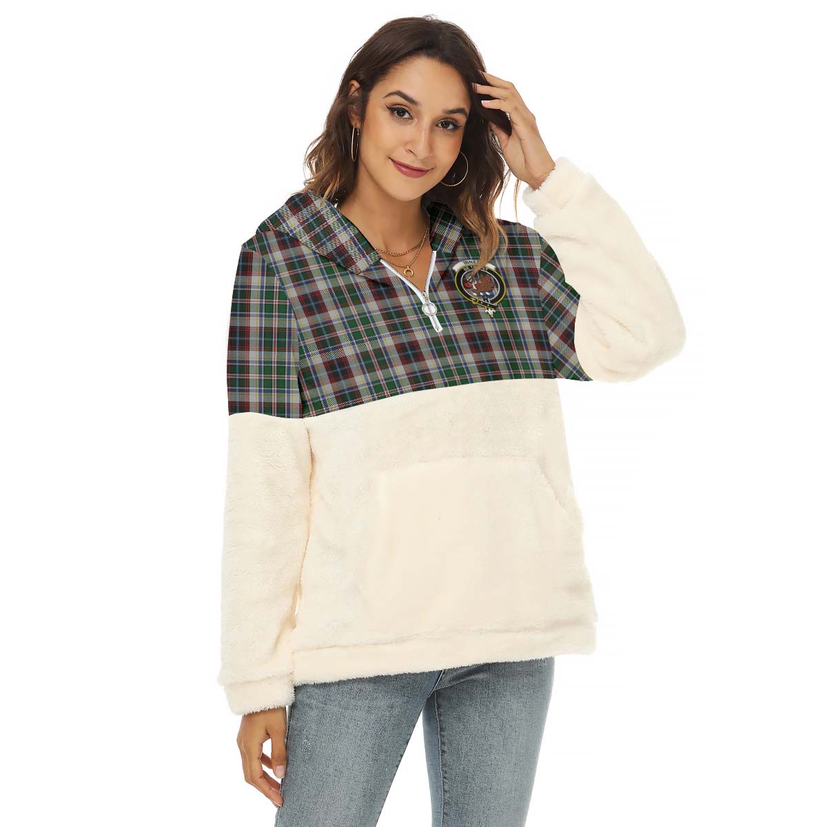 Innes Dress Tartan Women's Borg Fleece Hoodie With Half Zip with Family Crest Female - Tartan Vibes Clothing