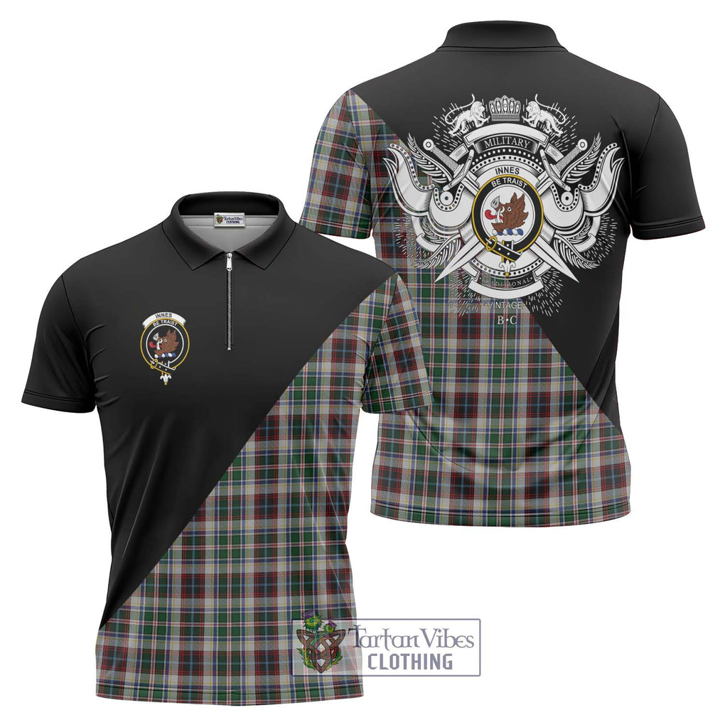 Innes Dress Tartan Zipper Polo Shirt with Family Crest and Military Logo Style Unisex - Tartanvibesclothing Shop