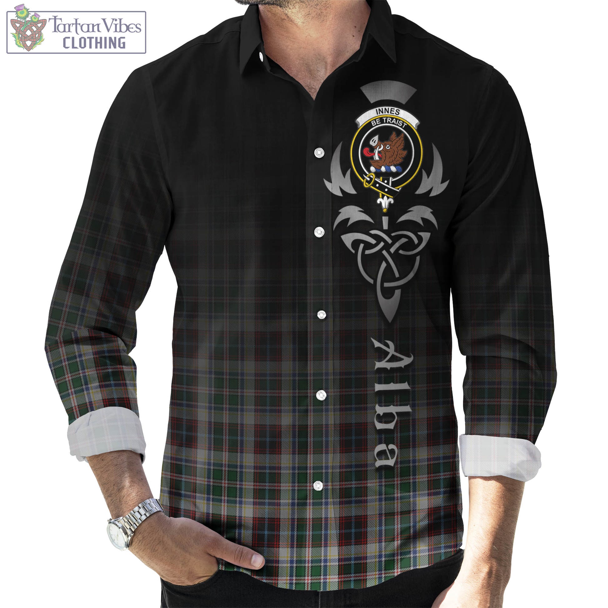 Tartan Vibes Clothing Innes Dress Tartan Long Sleeve Button Up Featuring Alba Gu Brath Family Crest Celtic Inspired